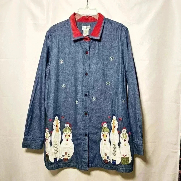 🛑 Bobbie Brooks Womens Cotton Blue Denim Button-up Snowman Smock Blouse 22W/24W - Picture 1 of 7